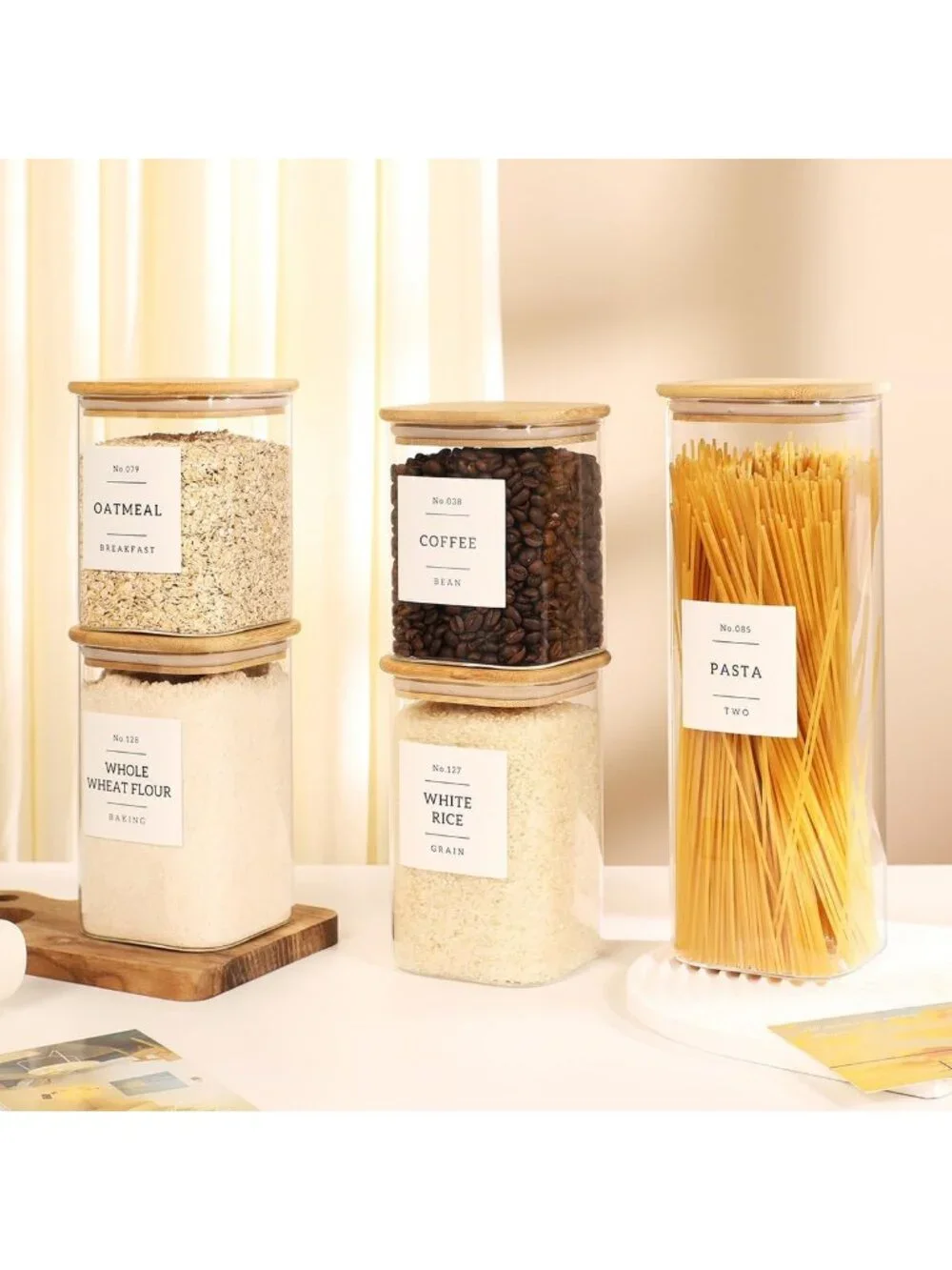 5 Pack Clear Glass Pantry Storage Jars with Airtight Bamboo Lids & 132 Labels